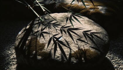 Close-up of the shadows of bamboo leaves cast upon the textured surface of a rock in a Zen garden.
