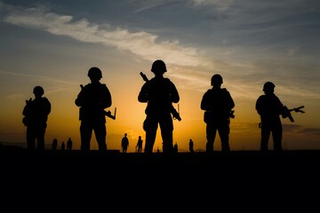 Fototapeta na wymiar Soldiers silhouettes in sunsets sentinels resonate under evening glow