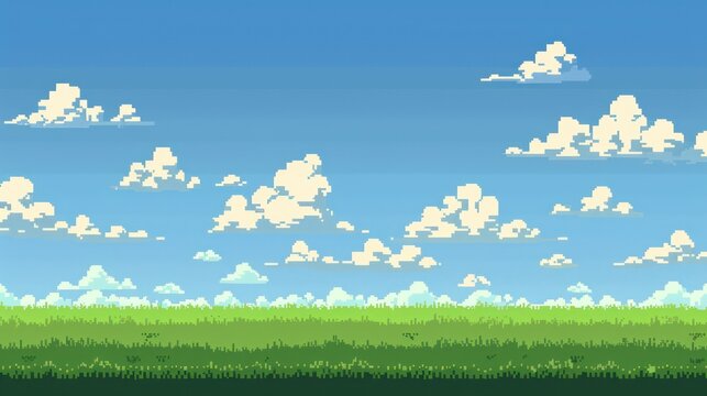 Pixel art game background featuring a blue sky with clouds, a green field below, and space in the middle of the screen for characters and text