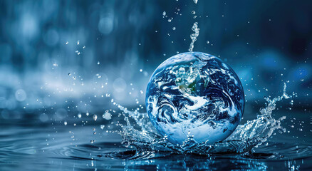 A globe made of water, floating in the air with Earth inside it. The background is dark blue and the surface below has some ripples. A small splash of water surrounds part or all of earth. - obrazy, fototapety, plakaty