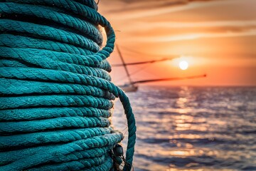 Stack of coiled marine fishing rope, nautical equipment photo