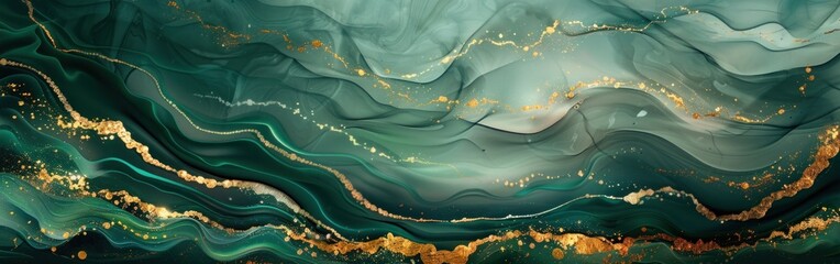 Fluid Marbled Soft Green Waves and Gold Lines: Abstract Watercolor Background for Web Design - Generative AI Banner - obrazy, fototapety, plakaty