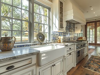 Classic French country kitchen with blue and white porcelain and farmhouse sinkup32K HD