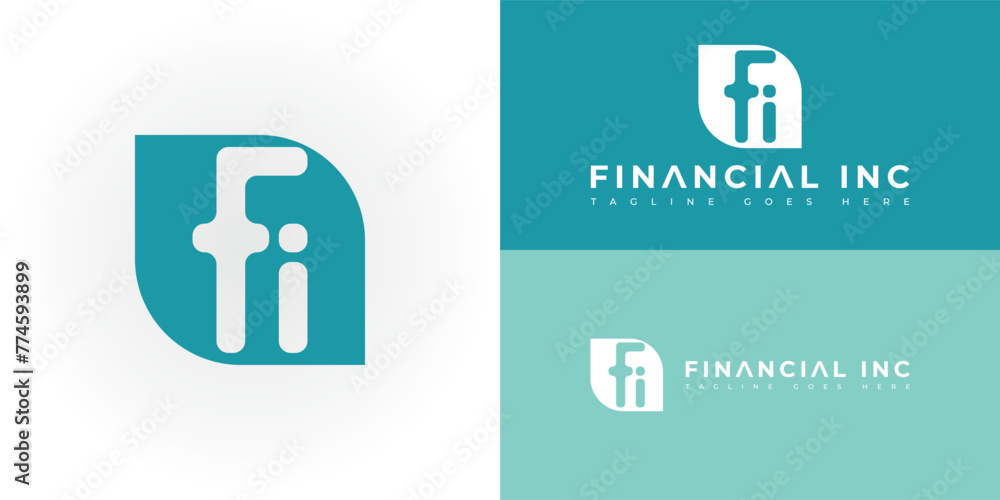 Poster abstract initial rounded square letter fi or if logo in blue color isolated on multiple background c