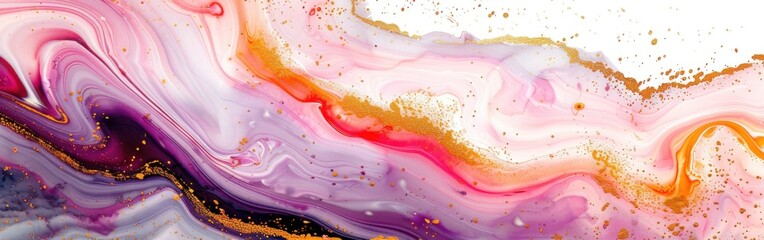 Abstract Watercolor Paint Background in Pink and Purple with Golden Lines and Fluid Waves Texture