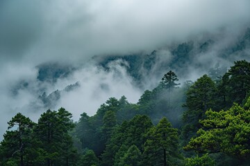 A misty mountain forest scene, the fog weaves through the trees, creating a mystical and serene atmosphere