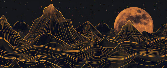 The golden lines outline the mountains, with a black background and a glowing moon between them. The mountains form an abstract pattern of undulating hills, creating a sense of depth