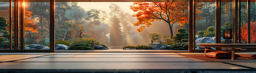 Traditional tea house with wooden architecture and peaceful garden viewsHyperrealistic - obrazy, fototapety, plakaty
