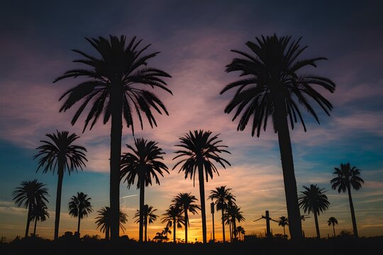 StockPhoto Palm trees sunset sky, silhouette against colorful evening sky