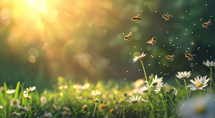 Bees flying in the air above flowers on a green meadow, during spring time in a nature landscape...