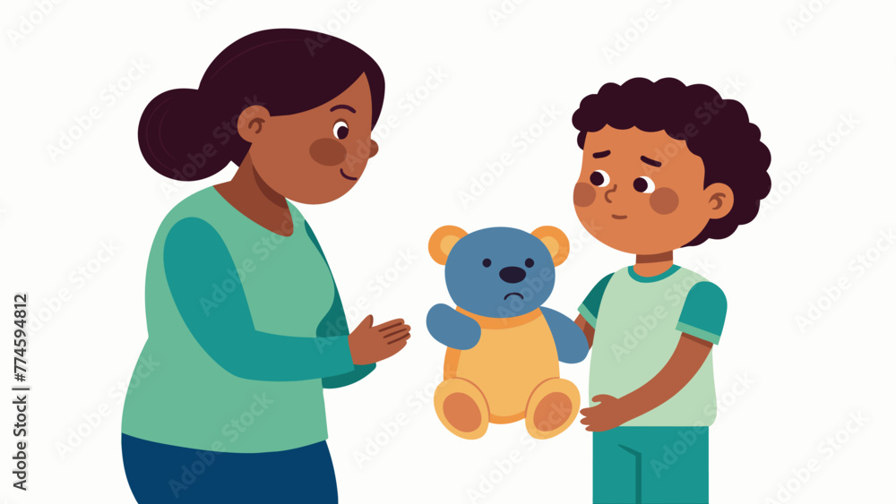 Aufkleber a child holding onto a teddy bear while talking to their parent showcasing the importance of a safe 