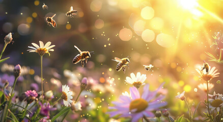 Bees flying in the air above flowers on a green meadow, during spring time in a nature landscape with bees and wildflowers on a sunny day. - obrazy, fototapety, plakaty