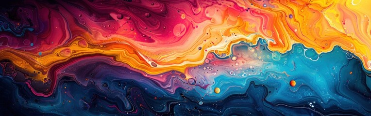 Rainbow Marbled Waves: Abstract Oil, Acrylic, & Ink Painting with Colorful Swirls - Bold Background Banner