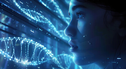 A holographic representation of DNA strands glowing in the background, with focus on an AI character's face looking at them.