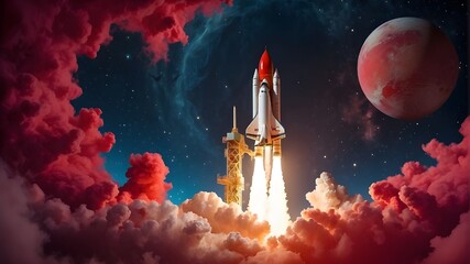 Red toy rocket launch on a vibrant background of space, successful launch, and discovery concept