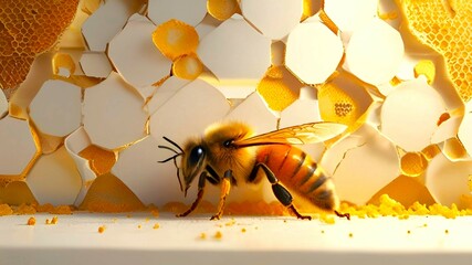 A queen Bee Infront of honeycomb background - Powered by Adobe