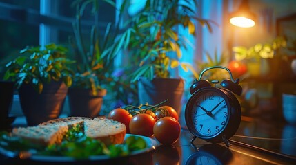 A late-night snack depicted in a negative light, with a clock showing the time, highlighting the risk of eating before bed