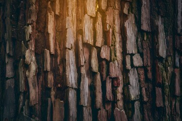 Sunlight highlights texture of brown tree bark, natural background