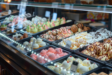 A row of ice cream flavors in a display case. The flavors include chocolate, strawberry, and vanilla