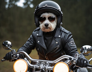 A brutal dog in sunglasses and a leather jacket rides a motorcycle outdoors. Generative AI.