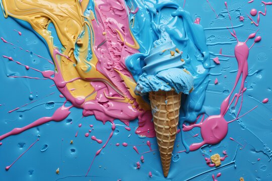 A colorful ice cream cone is sitting on top of a blue and pink swirl of paint. The ice cream cone is surrounded by a colorful mess of paint, creating a playful and whimsical atmosphere