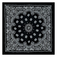 Black bandana with a white pattern. Accessory for concerts, rockers, bikers, rappers, hip-hop, metalheads, punk rock, rap. An element of clothing. Handkerchief for the face of gangsters.