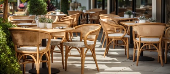 Obraz premium Outdoor seating area of a dining establishment with tables and chairs neatly arranged for customers
