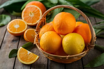 Tasty and delicious orange fruit in basket, fresh healthy produce photo