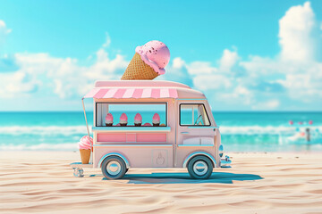 A pink ice cream truck with a pink awning and a pink ice cream cone on top