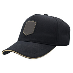 Black baseball cap, tracker cap with black patch for your logo. Mockup. A blank for the work of a designer. Isolate on a white background. Accessory for athletes, baseball players, bikers, rockers.