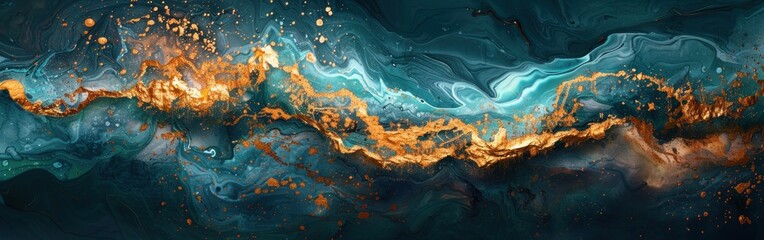 Fototapeta na wymiar Turquoise Marble Waves with Gold Splashes and Tree Leaves Texture Banner