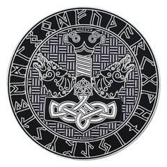 Embroidered patch Mjolnir, hammer of Thor in a runic circle, Futhark. Viking style. Asatru. Odin. Accessory for metalheads, punks, rockers, bikers, satanists, street aggressive subcultures.