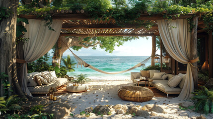 Peaceful seaside retreat with breezy curtains and a hammock8K