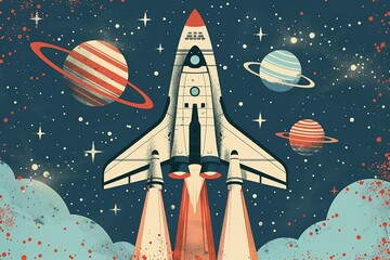 a drawing of a space shuttle flying through the sky - obrazy, fototapety, plakaty