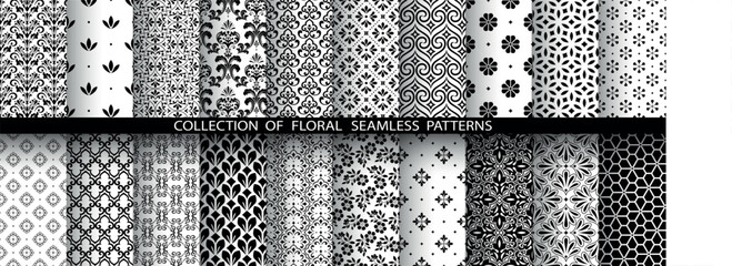 Geometric floral set of seamless patterns. White and black vector backgrounds. Damask graphic ornaments. - 774596833
