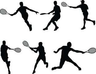 Set of tennis player silhouette illustration in various pose