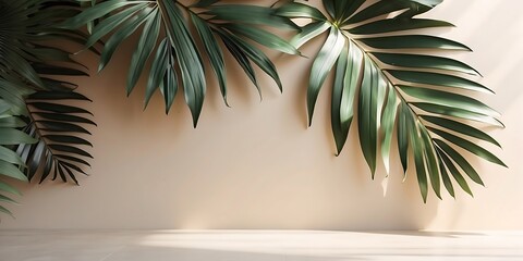 Tropical palm leaves on beige background with copy space