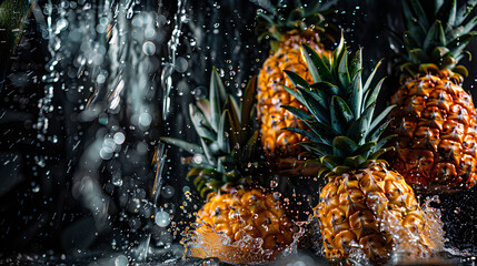 A bunch of ripe pineapples, with water droplets, falling into a deep black water tank