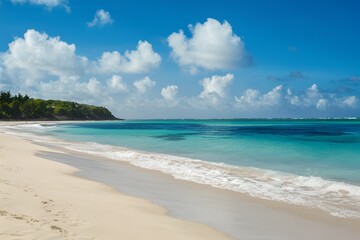 Fototapeta na wymiar Tranquil sandy beach scene with gentle waves, serene ocean view