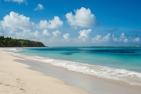 Tranquil sandy beach scene with gentle waves, serene ocean view