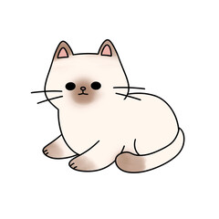 A cute cartoon cat is sitting on a white background. The cat has a funny expression on its face, and it looks like it's smiling. The image is lighthearted and cheerful