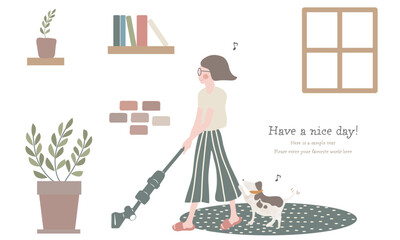 お部屋を掃除する女性（シンプルタッチ）