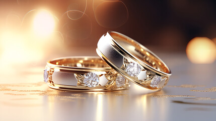 A pair of gold wedding rings with diamonds commitment couple symbol with blured background

