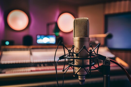 view Microphone in recording studio, music production concept