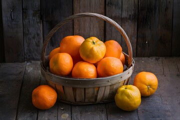 Vintage basket filled with charming ripe tangerines, rustic decor