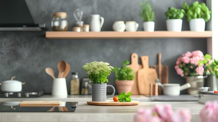 Fototapeta na wymiar gray light bright kitchen houseware and accessories in real lifestyle. generative AI