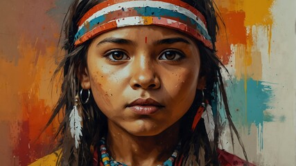 typical kid girl native indian abstract portrait oil pallet knife paint painting on canvas with large brush strokes art illustration on plain white background from Generative AI - obrazy, fototapety, plakaty