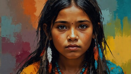 typical kid girl native indian abstract portrait oil pallet knife paint painting on canvas with large brush strokes art illustration on plain white background from Generative AI