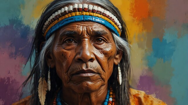 typical native indian elder abstract portrait oil pallet knife paint painting on canvas with large brush strokes art illustration on plain white background from Generative AI