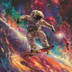 A skateboard is flipped by an astronaut against a colorful space nebula background, perfect for t-shirt designs or printing products.
